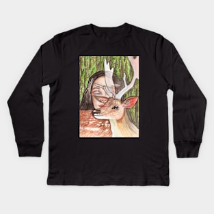 Woman and deer Kids Long Sleeve T-Shirt